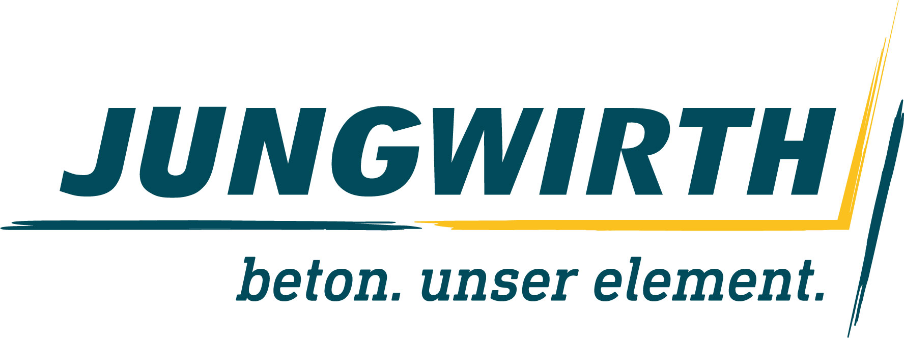 Logo mit dem Schriftzug „JUNGWIRTH“ in dunklem Türkis und dem Slogan „beton. unser element.“ darunter; ergänzt durch grafische Linien in Türkis und Gelb.