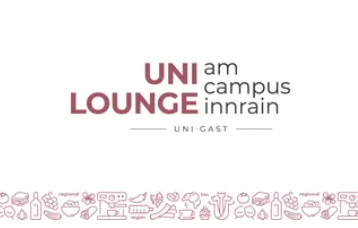 Logo mit dem Schriftzug „UNI LOUNGE am campus innrain“ sowie dem Zusatz „UNI-CAST“; darunter eine dekorative Leiste mit kleinen Symbolen.