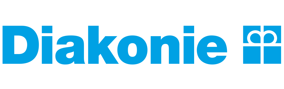 Logo der Diakonie Österreich mit einem Geschenk-Symbol in blauen Buchstaben.