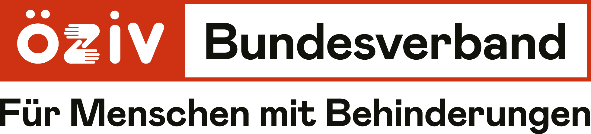 Logo des "ÖZIV BUndesverband" mit dem Untertitel „Für Menschen mit Behinderungen“ in schwarz, weis, rot.