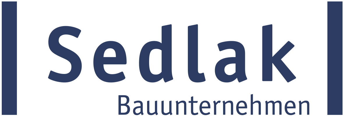 Logo mit dem Schriftzug „Sedlak“ in Blau auf schwarzem Hintergrund sowie dem Zusatz „Bauunternehmen“ darunter.
