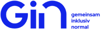 Logo mit dem Schriftzug „Gin“ in Blau und dem Zusatz „gemeinsam inklusiv“ in kleinerer Schrift daneben.