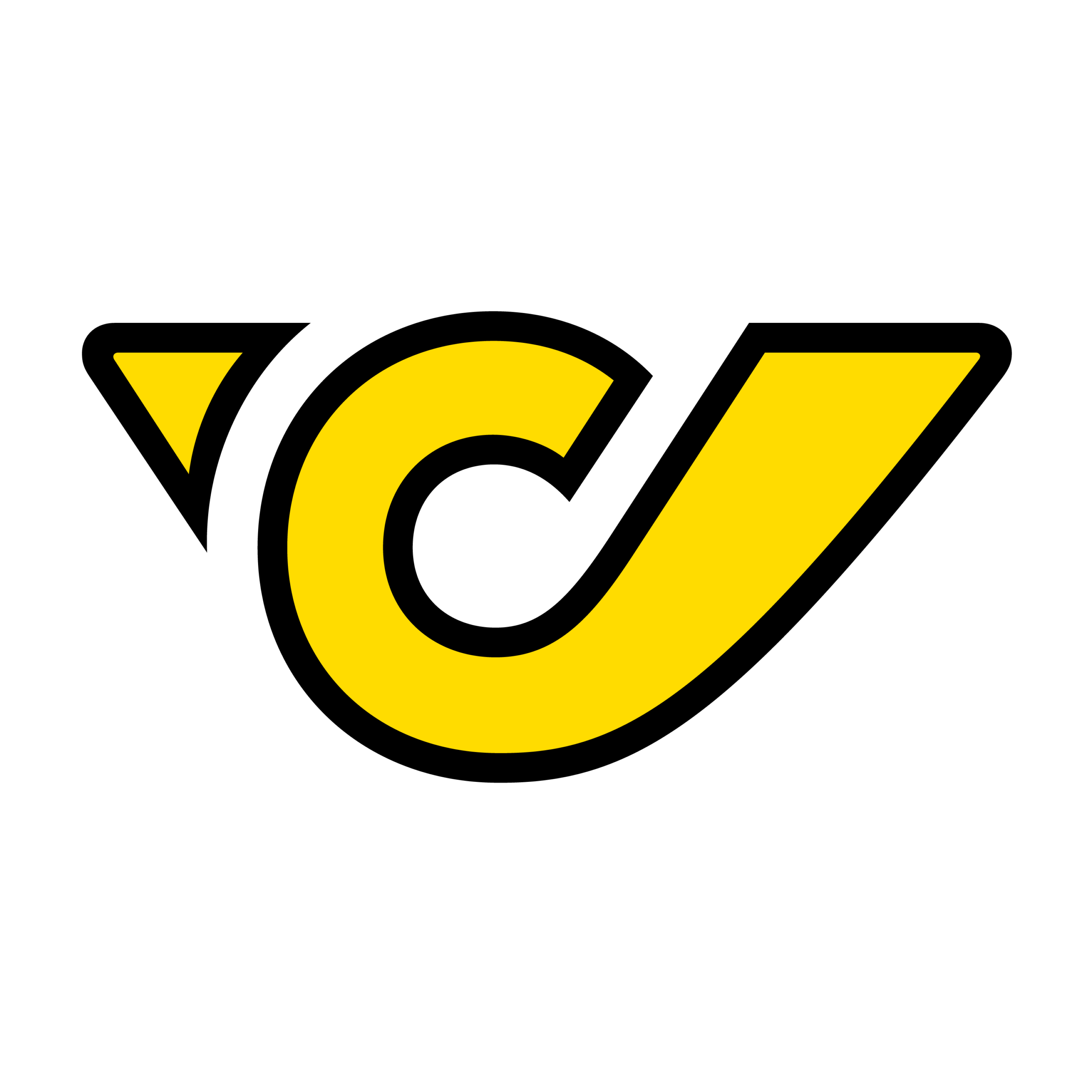 Logo mit gelbem, stilisiertem Posthorn-Symbol auf schwarzem Hintergrund.