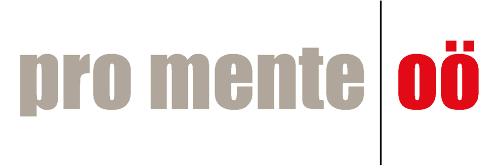 Logo mit dem Schriftzug „pro mente“ in Grau, getrennt durch eine Linie, und „OÖ“ in Rot.