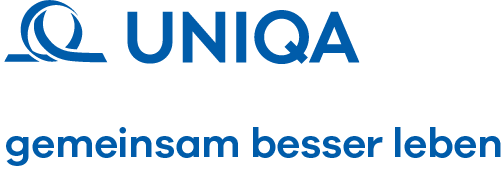 Logo mit dem Schriftzug „UNIQA“ in Blau und dem Slogan „gemeinsam besser leben“ darunter.