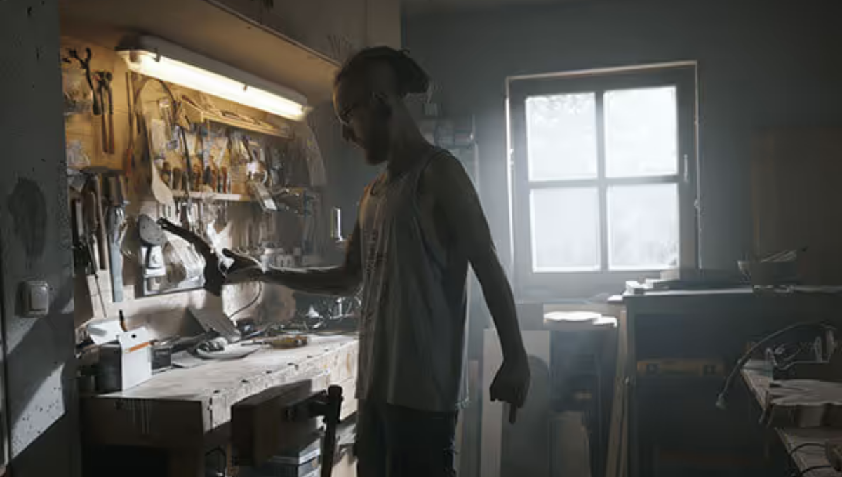 „Person steht in einer Werkstatt an einer Werkbank und arbeitet mit einem Werkzeug. Im Hintergrund sind Werkzeuge, Regale und ein Fenster zu sehen.“
