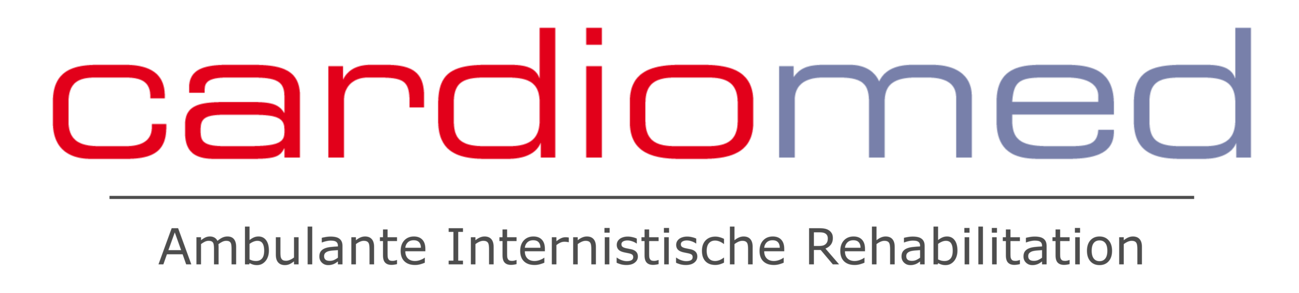 Logo von cardiomed mit dem Schriftzug ‚cardiomed‘, wobei ‚cardio‘ rot und ‚med‘ blaugrau dargestellt ist. Darunter steht: ‚Ambulante Internistische Rehabilitation‘.