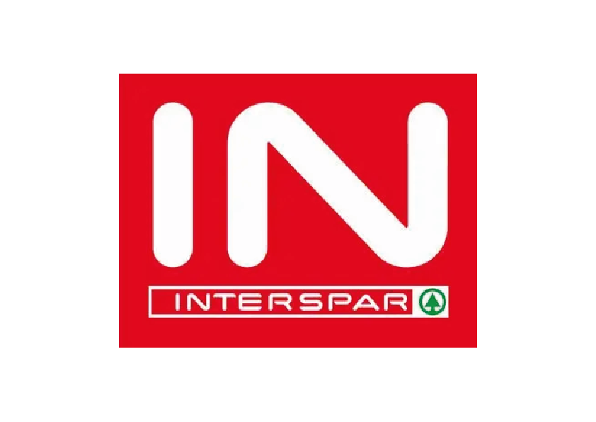 Logo mit rotem Hintergrund und großem weißen „IN“, darunter der Schriftzug „INTERSPAR“ mit grünem Symbol.