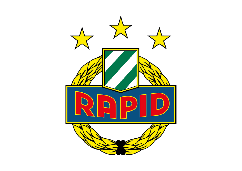 Vereinswappen des SK Rapid mit rotem Schriftzug ‚RAPID‘ auf blauem Balken, einem grün-weiß gestreiften Schild, einem goldenen Lorbeerkranz und drei goldenen Sternen.