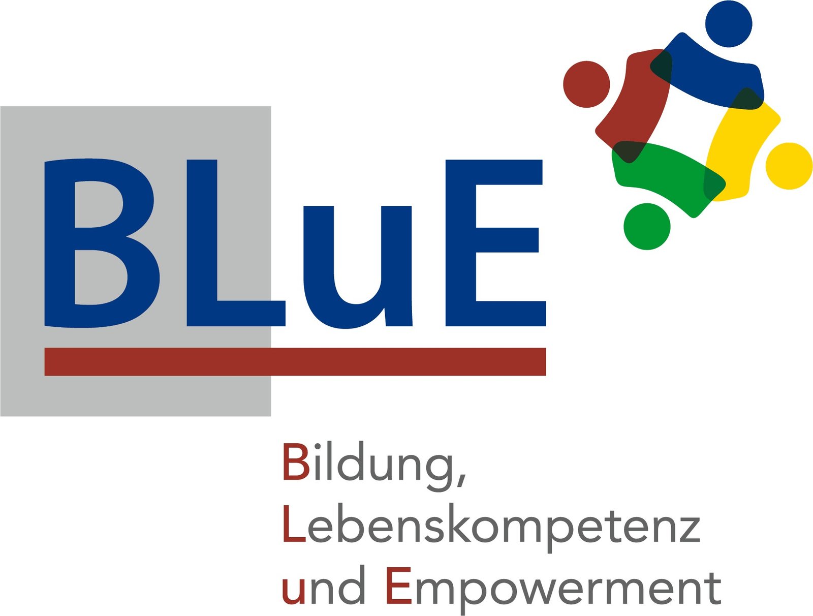 Logo von BLuE mit großem blauem Schriftzug ‚BLuE‘ auf grauem Hintergrund. Darunter steht: ‚Bildung, Lebenskompetenz und Empowerment‘. Rechts oben ist ein buntes Symbol aus vier stilisierten Personen in Blau, Rot, Grün und Gelb dargestellt.
