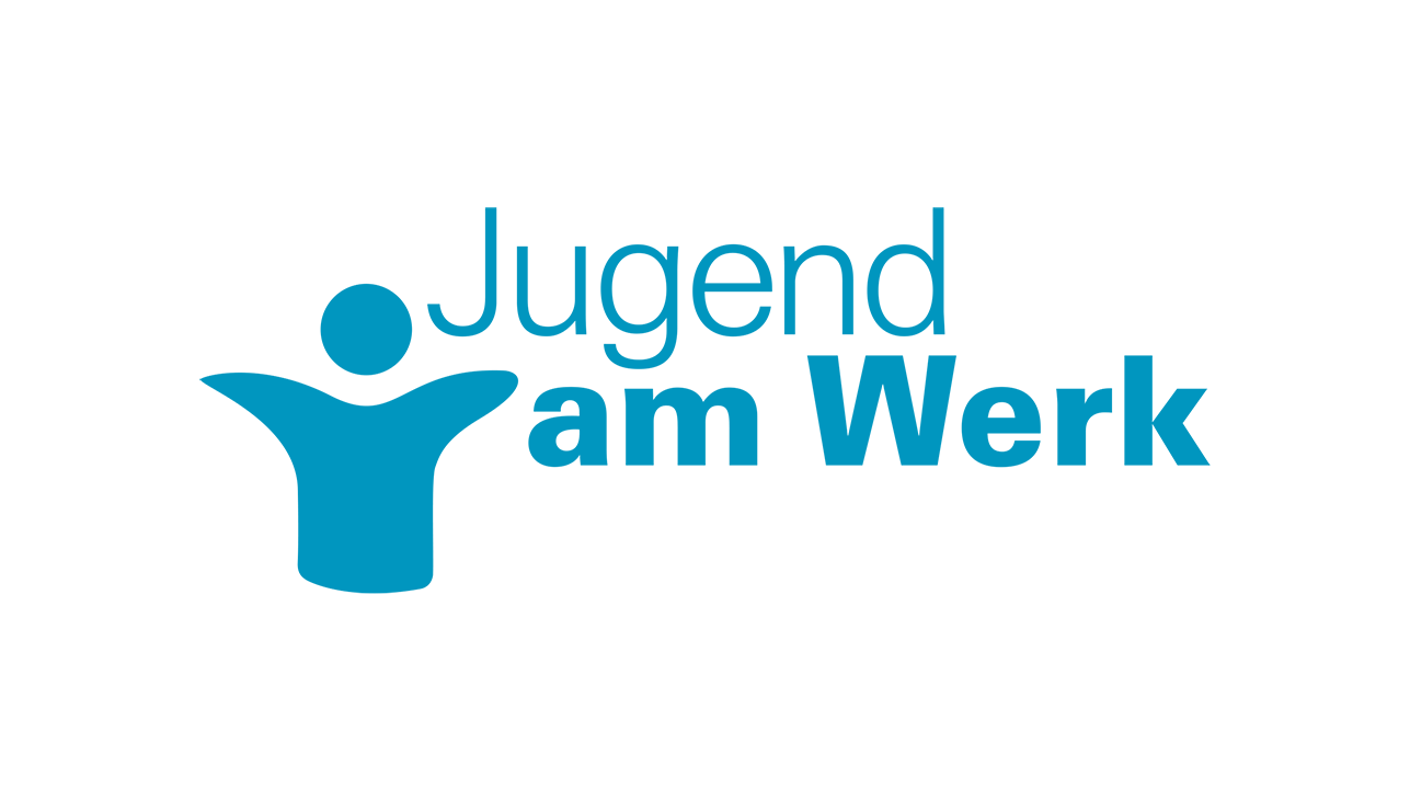 Logo von „Jugend am Werk“ in Türkis mit einer stilisierten Person links und dem Schriftzug „Jugend am Werk“ rechts.