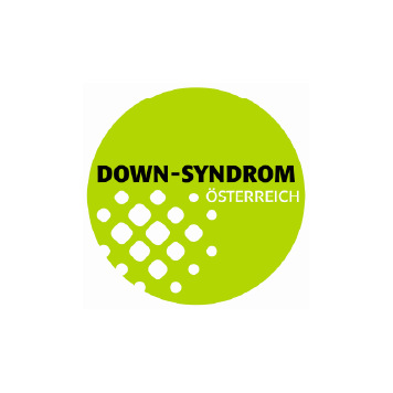 Logo von Down-Syndrom Österreich: hellgrüner Kreis mit dem Schriftzug „DOWN-SYNDROM ÖSTERREICH“ und weißen Punkten und Quadraten.